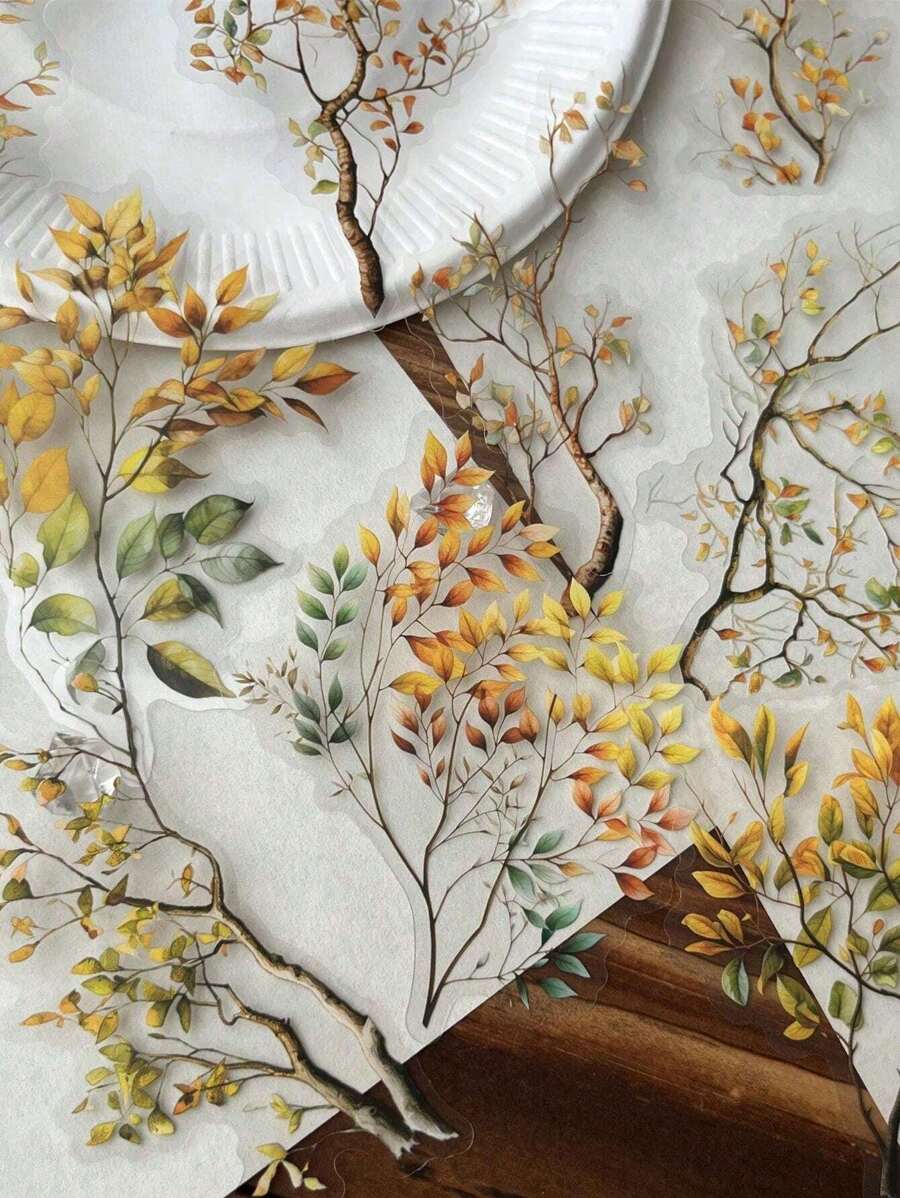 20pcs Retro Large Water-Resistant Transparent PET Stickers With Branch And Leaf Themes, Scrapbooking Embellishments, Decals - Orange - View 1