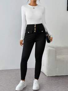 EMERY ROSE Women Casual Solid Color Slim Fit Pants, Autumn/Winter Fall Cloth For Women - Black - View 4