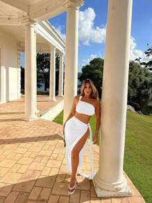 SHEIN SXY 夏日假期两件套：喇叭开衩裙 - 白色 - 查看 1