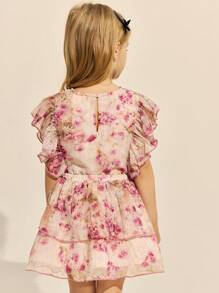 SHEIN Young Girls Elegant Pink Floral Woven Ruffle Hem Blouse / Double Layer Ruffle Hem Skirt Set, Spring/Summer - Multicolor - View 2