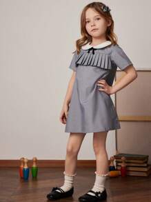 PrepCrw Young Girls' Spring Summer School Style Grey-Blue Woven A-Line Contrast White Collar Dress - Blue - View 6