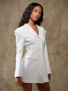 MISSGUIDED Linen Blend Blazer Dress Professional Office Wear Long Sleeve Button Front Workwear Spring Summer Business Formal Suit Dress Modern Workwear - White - View 7