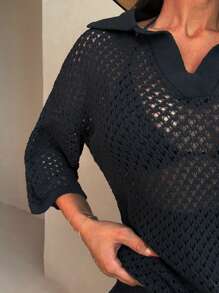RueChic Conjunto informal de top de punto de malla sobredimensionado con cuello polo - perfecto para usar en capas, en color negro, con pantalones cortos