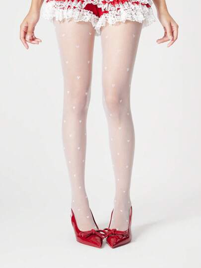 Kawaii 1 Pair Women Heart Pattern Stockings, Suitable For Pairing With Skirts, All Season