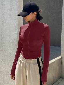 DAZY Autumn New Red Stand Collar Tight-Fitting Women Sports Jacket - Burgundy - View 3