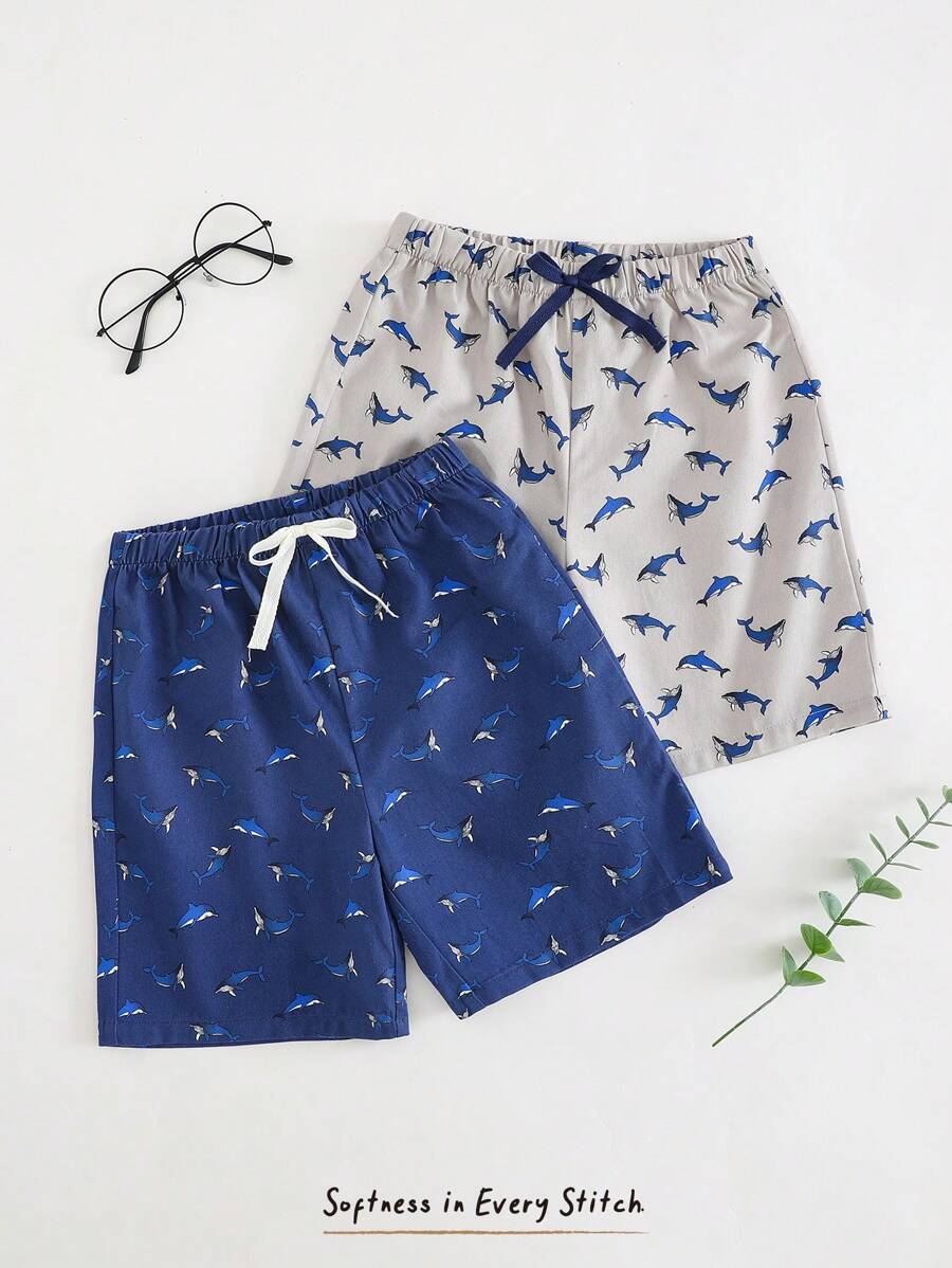 Cozy Pixies 2pcs/Set Young Boy Plant Floral Pattern Elastic Waist Shorts - Multicolor - View 1