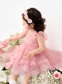 Vestido de verano rosado con volantes de malla para bebé niña, conjunto a juego madre e hija (se venden por separado 2 piezas) - Rosa - Ver 2