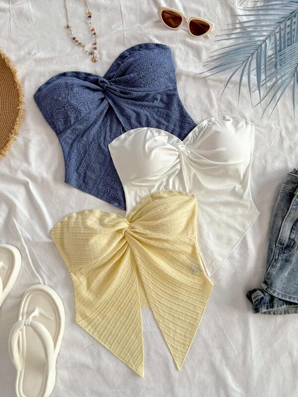Soleia 3 pièces/Set Femmes Top à Volant Asymétrique Texturé Tricoté, Bleu, Jaune, Blanc, Confortable et Polyvalent pour Soirée, Rendez-vous, Thé de l'Après-midi, Toutes Saisons