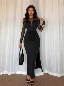 Elenzga Nuevo vestido de mujer con cuello redondo, empalme de malla, escote en V profundo semitransparente, manga larga y abertura alta, vestido elegante y sexy para ocio de las damas - Negro - Ver 6