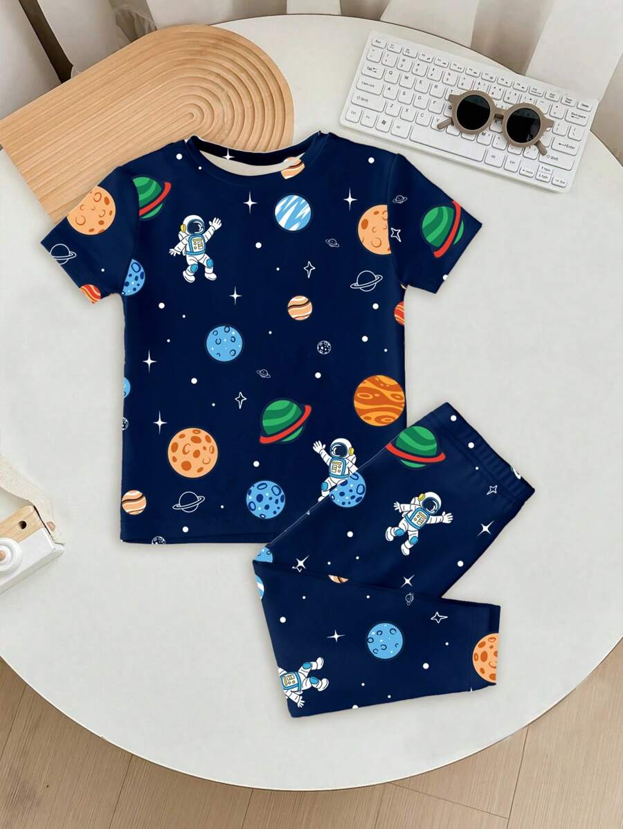 SHEIN 男宝宝休闲可爱宇航员太空人图案贴身透气短袖连体衣 适合春夏季 - 彩色 - 查看 1