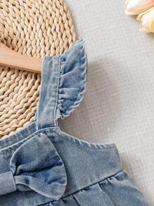 SHEIN Playful Pals 2pcs/Set Toddler Girls Stylish Cute Bow Camisole And Denim Shorts Set, Summer