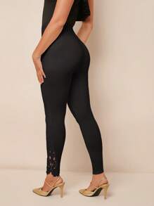 Amorya Quần legging nữ cạp chun, phối ren tương phản, thời trang đa năng, thích hợp cho mùa xuân, thu, đông, đi học, kiểu dáng kín đáo, cổ điển, dành cho giáo viên, phong cách sân bay, đẹp cho nữ. - màu đen - Xem 2
