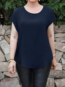 EMERY ROSE Plus Size Women Back Panel Contrast Lace Short Sleeve Elegant Blouse,Spring Clothes - Navy Blue - View 2