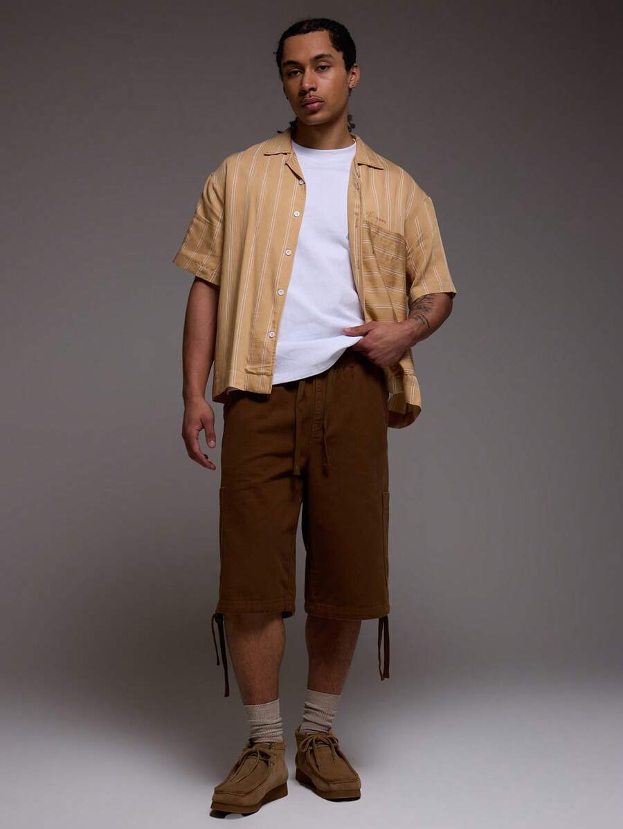 Musero Shorts cargo en denim oversize avec ourlet long et cordon de serrage pour hommes - Tabac - Voir 1