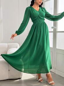 Modelyn Women's High-End Luxurious Chiffon Green Long Sleeve Ruffle Hem Dress - Green - View 4