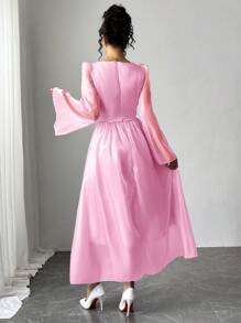 Chiquease Elegant Ice Blue Satin Ruffled Sleeve Dress - Pink - View 2