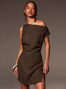 Athîral Summer Fashionable Solid Color Asymmetric Neck Side Split Mini Dress - Coffee Brown - View 3