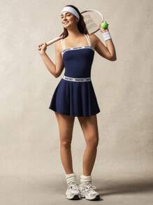 VARSITIE Minifalda de tenis de tirantes de espagueti elásticos de color contrastante con rayas y letras - Negro - Ver 5