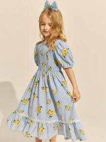 SHEIN Young Girls Floral Print Ruffled Puff Sleeve A-Line Dress, Blue Background, Elegant & , Spring/Summer