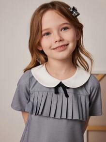 PrepCrw Young Girls' Spring Summer School Style Grey-Blue Woven A-Line Contrast White Collar Dress - Blue - View 7