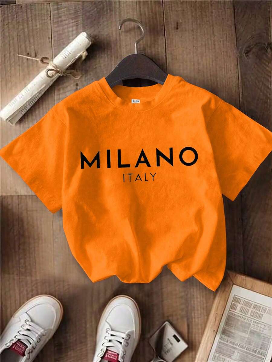 SHEIN 年轻女孩新款夏季休闲简约粉色短袖T恤 - 橘色 - 查看 1