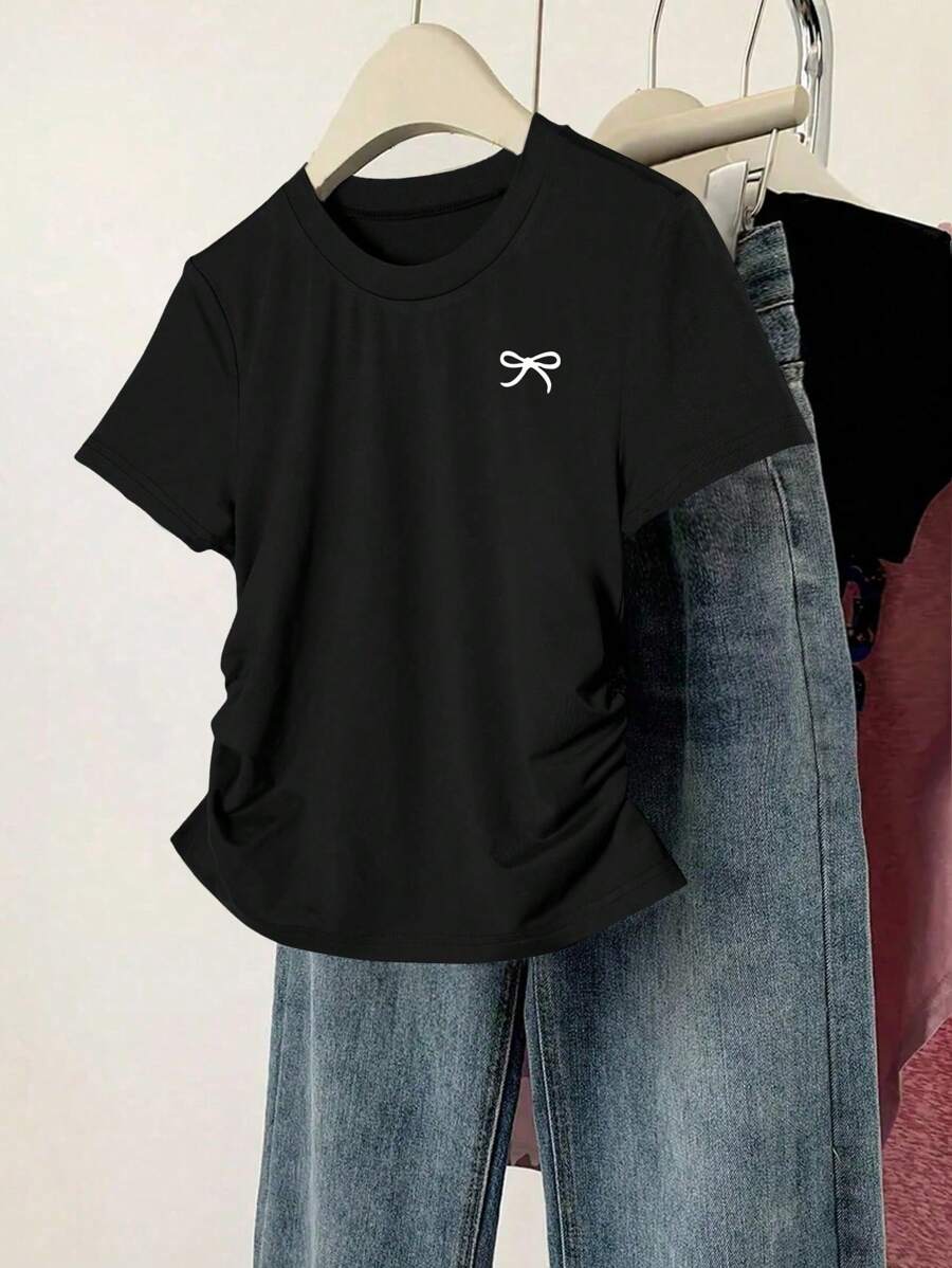 Sparklyn Áo thun tay ngắn họa tiết nơ trước đơn giản dành cho bé gái tuổi teen - màu đen - Xem 1