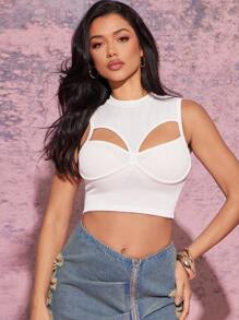 Denimoi 时尚性感镂空罗纹短款无袖上衣