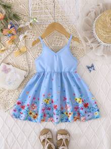 SHEIN Baby Girl Floral Print Casual Spaghetti Strap Dress Girls Summer Dress Spring Dresses For Girls Baby Girl Spring Dress - Blue - View 2