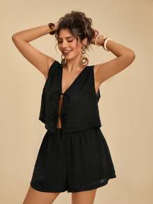 Travachic 2 件套大码女式休闲纯黑色系带背心和沙滩短裤套装 - 黑色 - 查看 1