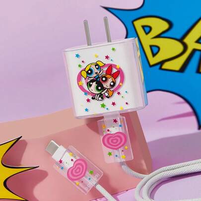 THE POWERPUFF GIRLS X SHEIN Vỏ bảo vệ cáp sạc họa tiết hoa Blossom, Bubbles, Buttercup, Y2K, Ngày Valentine