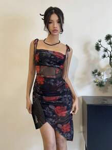 EastFlair 女士花卉印花垂坠修身中长吊带连衣裙 - 黑色 - 查看 3