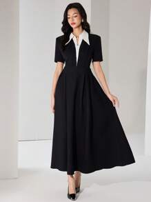 Heiryn Robe longue casual à manches courtes et couleur unie avec patchwork pour femmes - Noir et Blanc - Voir 4