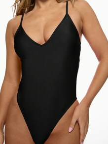 MISSGUIDED Plunge Neck One Piece Swimsuit Beach Vacation Swim Spaghetti Strap Bathing Suit High Cut Thong Brazilian Beachwear Summer Swimming Pool Resort Wear