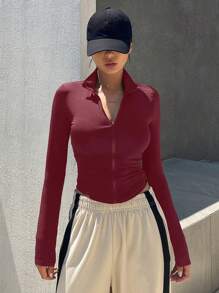 DAZY Autumn New Red Stand Collar Tight-Fitting Women Sports Jacket - Burgundy - View 4