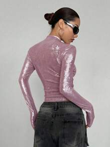 StreetHx Blusa de mujer de cuello alto, mangas largas y ajuste slim con acabado brillante