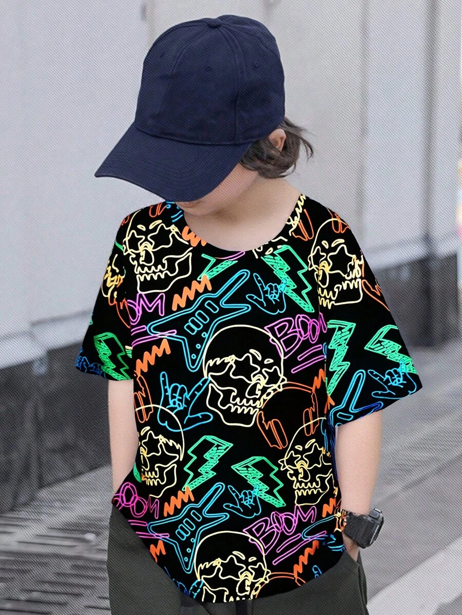 SHEIN Tween Boy Reflective Skeleton & Graffiti Print Short Sleeve T-Shirt, Casual Summer Wear - Multicolor - View 1