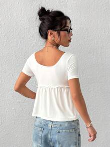 SHEIN EZwear 女士短袖荷叶边休闲白色针织方领纽扣T恤 - 白色 - 查看 2