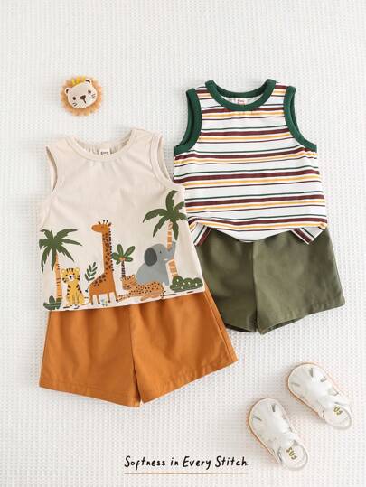 Cozy Pixies 4 件套男婴卡通动物印花柔软针织圆领无袖背心和松紧腰短裤套装