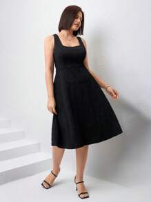 Chikora Plus Size Square Neck A-Line Jacquard Knit Elegant Dress Women Elegant Dresses Spring/Summer Outfits For Women Rave Outfits Festival Easter Women Outfit Easter Women Outfit - Black - View 4