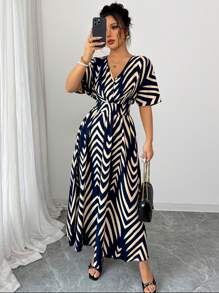 Elenzga Váy Bohemian rộng rãi, họa tiết hình học cổ chữ V mới, trang phục đi nghỉ thường ngày cho phụ nữ, mùa xuân/hè - Nhiều màu - Xem 3