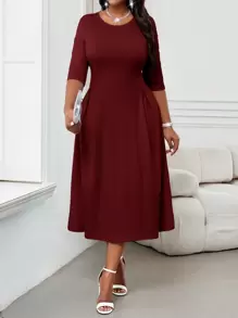 SHEIN Lady Spring And Summer Autumn And Winter Elegant Commuting Office Baby Blue Knitted Round Neck Flared Ruched Ruched Three Quarter Length Sleeve Plus Size Dresses Elegant Women Dresses Classy Outfits - Burgundy - View 6