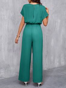 SHEIN Clasi Women's Elegant Round Neck Jumpsuit With Belted Waist & Wide Leg - Green - View 2