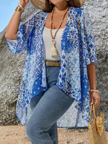 EMERY ROSE 大码女式花卉印花 3/4 袖宽松前开式休闲外套夏季女装热带度假女装秋冬超大码海滩褶边雪纺 - 彩色 - 查看 5