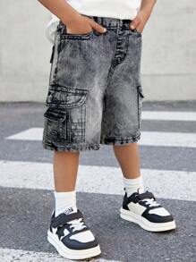 SHEIN Young Boy Sommargatan Coola Stonewashed Lös Passform Mörkgrå Jeans Cargo Shorts Med Flera Fickor, Young Boy Vår/Sommargatan - Svart - Visa 5
