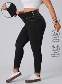 SHEIN Essnce 大码女式撞色缝线简约修身休闲牛仔裤 - 黑色 - 查看 1