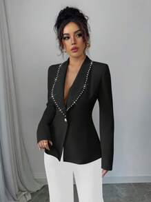 Elenzga 1pc Women's Pearl Decor Shawl Neck Fitted Blazer, Suitable For Daily Commute - Black - View 5