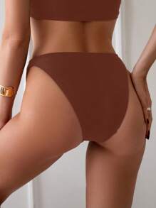 SHEIN Swim Women's Solid Color Sexy Bikini Bottom, Suitable For Vacation - Brown - View 2