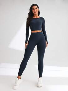 SHEIN Sports 纯色长袖修身上衣和裤子运动套装，简约时尚，适合夏季健身女士套装 - 深灰色 - 查看 6