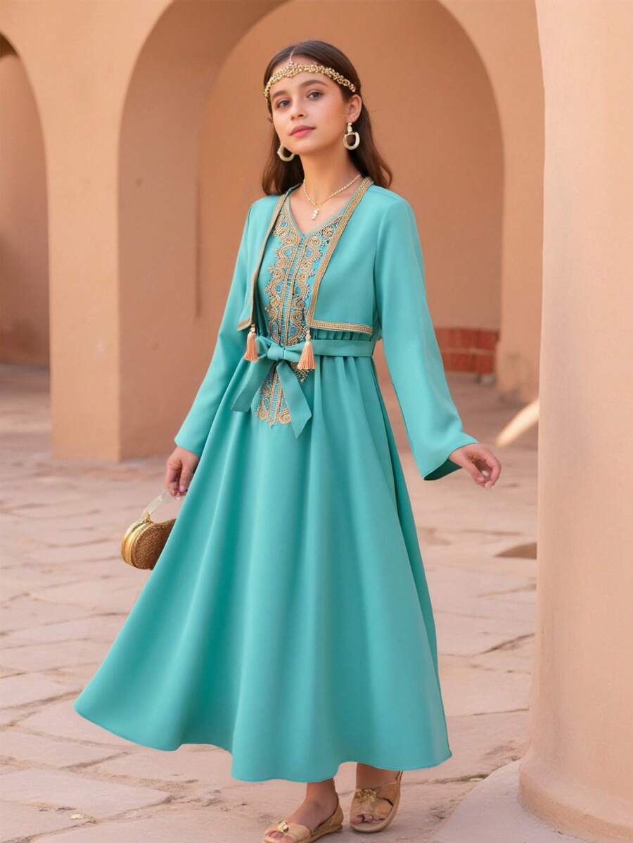 SHEIN 2pcs/Set Teen Girls' Embroidered Decor Long Sleeve Jacket And Casual Dress Set - Black - View 1