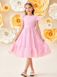 SHEIN Tween Girls 甜美欧根纱褶皱荷叶边 V 形后背蝴蝶结装饰优雅粉色连衣裙，公主裙适合毕业舞会、生日派对、春季旅行、花园茶、情人节、花童 - 粉色 - 查看 4